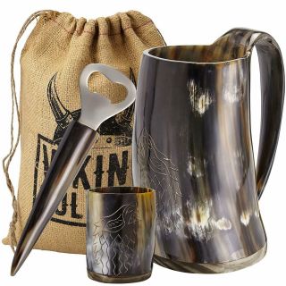 Viking Culture Ox Horn Mug,  Shot Glass,  And Bottle Opener 3 Pic Set