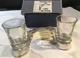 , Two Shots Glass,  Hand Made From Norway With The Salmon Fish Figures