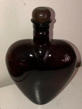 Vintage Paul Masson Amber Heart Shaped Glass Decanter Bottle & Wood Stopper
