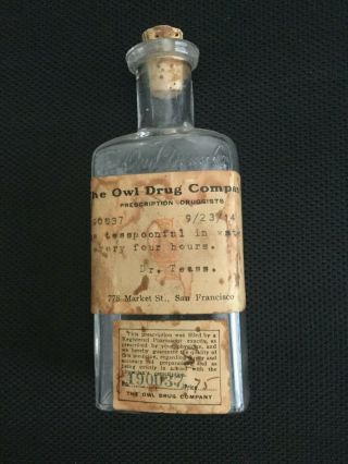 Vintage The Owl Drug Co.  Antique Prescription Bottle 5 " Embossed Name & Owl Logo