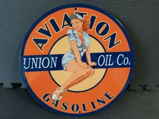 Vintage Union Oil Co Aviation Gasoline Porcelain Enamel Sign 12 " Pump Plate Gas