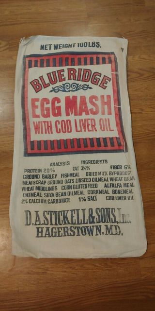 Vintage Blue Ridge Egg Mash 100 Lb Feed Bag,  Hagerstown,  Md