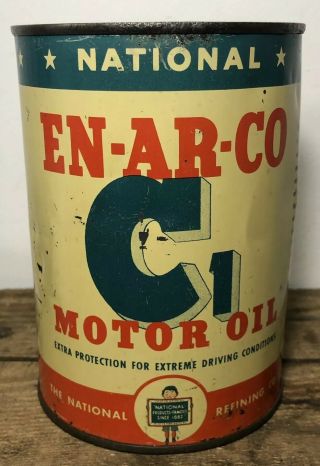 Vtg En - Ar - Co C1 Motor Oil 1 Quart Oil Oil Can Full National Refining Co Gas Oil