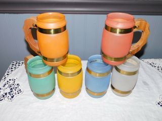 Vintage Siesta Ware 6 Frosted Barrel Mugs Wood Handles Retro Barware
