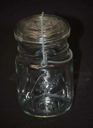 Old Vintage 1 Pt.  Ball Ideal Clear Glass Canning Jar W Glass Lid & Wire Bail Usa