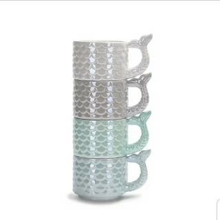 Set Of 4 Mermaid Mugs Stack Stackable Kitchen Cups Coffee Tea Unique Sea Theme