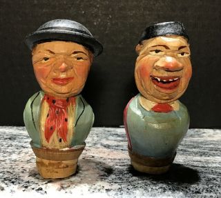 Set Of 2 Vintage Hand Carved Wood Figural Bottle Wine Stopper Germany Or Italy