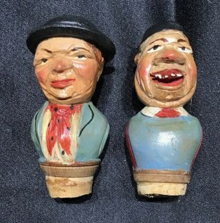 Set of 2 Vintage Hand Carved Wood Figural Bottle Wine Stopper Germany or Italy 3