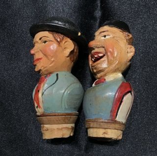 Set of 2 Vintage Hand Carved Wood Figural Bottle Wine Stopper Germany or Italy 4