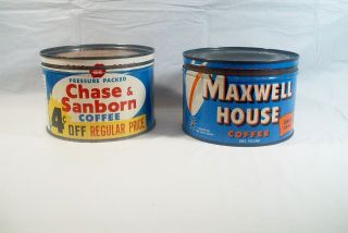2 Vintage Maxwell House Chase & Sanborn Advertising Key Wind Coffee Tin Can