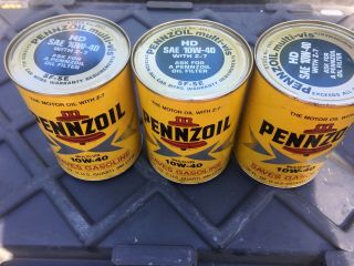 3 Old Full Cardboard Cans Of Pennzoil 10w - 40