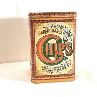 Vintage Carmichael ' s Chips Tin Can Hinged Cover Kitchen Canister Set of 2 EUC 3
