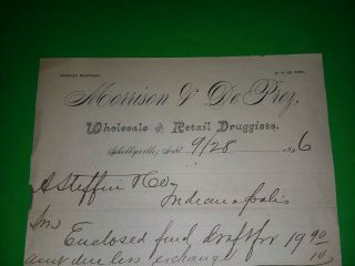 1896,  Shelbyville,  Indiana Pharmacy Letter Head Morrison & Deprez Druggists