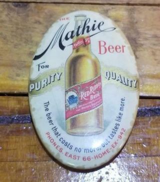 Rare Antique Mathie Red Ribbon Beer Celluloid Advertising Mirror.