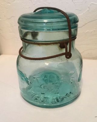 Vtg Atlas E - Z Seal Pint Canning Mason Jar Wire Bale Top Aqua Glass W/bubbles