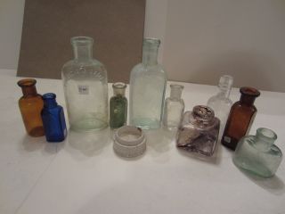 11 Antique Bottles - Jaynes,  Physicians Sample,  Marschings,  Carwood 