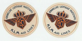 (2) Authentic 1920s Klm Airline Air Lines Baggage Trunk Luggage Label Airplane
