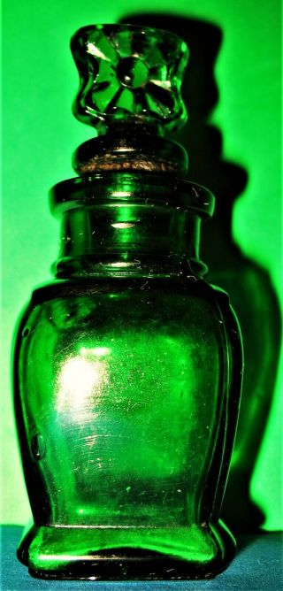 Vintage Forest Green Glass Perfume Bottle With Glass Stopper From Depression Era
