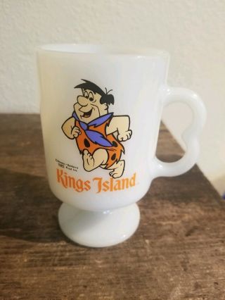 Vtg Kings Island Fred Flintstone Pedestal Milk Glass Coffee Cup Mug 1982