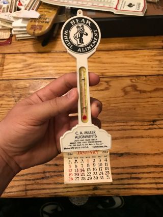 Vintage 1964 Bear Wheel Alinement Pole Thermometer With Calendar - Gas Station