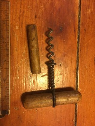 Antique Old Vintage Corkscrew With Wood Handle Cork Puller And Wood Sheath Rare
