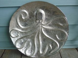 Large Embossed Steampunk Octopus Decorative Marine Life Silver Metal Plate