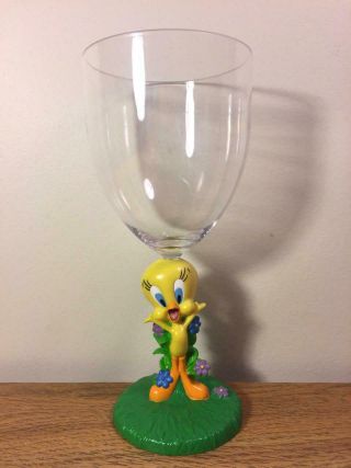 Vintage Zak Designs Looney Tunes Tweety Bird Shaped Stem Yellow Green Wine Glass