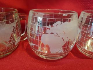 4 Nestle World Globe Atlas Etched Frosted Glass Coffee Tea Mugs Vintage Nescafe 4