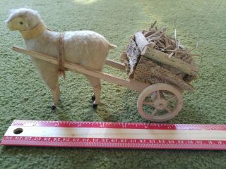 Antique German Stick Leg Wooly Sheep Pulling Small Wooden Two Wheeled Cart/wagon