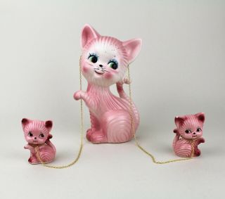 Vintage Cat & Kittens On Chain Figurine Ornament Display Mid Century Kitsch