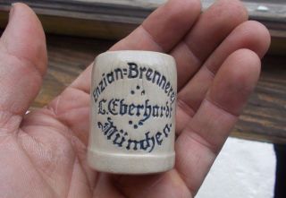 1890s L.  Eberhardt Munich Enzian Brennerei Pottery Advertising Mini Beer Mug