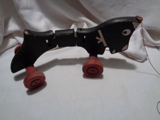 Vintage Wooden Scottie Dog Pull Toy 3 Sections Jointed Red Wooden Wheels String