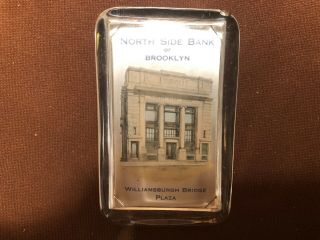 Vintage North Side Bank Of Brooklyn York Glass Paperweight With Mirror