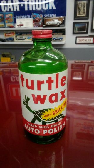 1954 Turtle Wax Car Wax 18 Oz.  Green Glass Bottle Hard Shell Auto Polish Nr