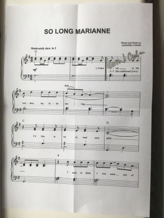 Leonard Cohen Hand Signed Autograph - Music Sheet ‘so Long Marianne’