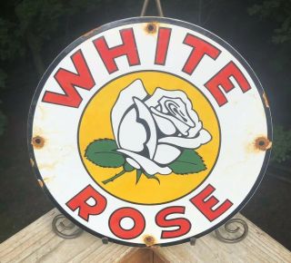 White Rose Gasoline Vintage Porcelain Enamel Gas Pump Oil Service Station Sign