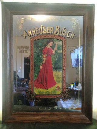Anheuser - Busch Budweiser Girl Victorian Lady In Red Dress Bar Mirror