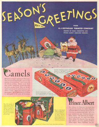 Vtg North Pole Alaska Santa Claus Reindeer Camel Christmas Cigarette Gift Box Ad