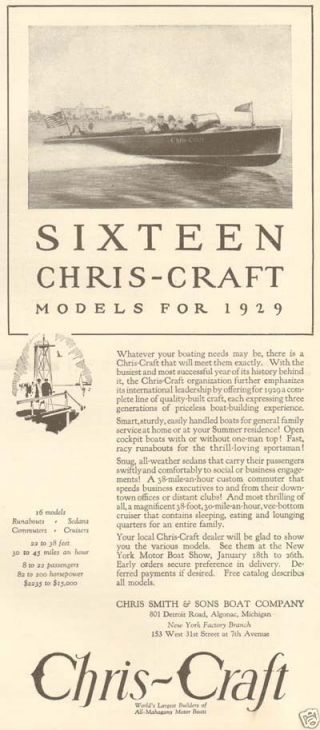 Antique 1929 Chris - Craft Chris Smith & Sons Boat Wood Mahogany Motor Boating Ad