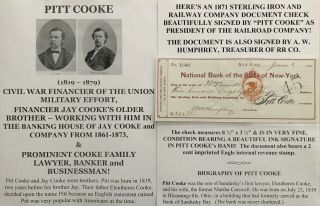 Civil War Union Army Military Financier Banker Cooke Document Signed Check 1871