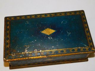 Antique Vintage CANCO Tin Metal BOX SHIRLEY CO Phila Art Deco Blue Gold Diamond 2
