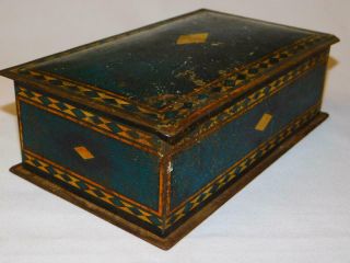Antique Vintage CANCO Tin Metal BOX SHIRLEY CO Phila Art Deco Blue Gold Diamond 3