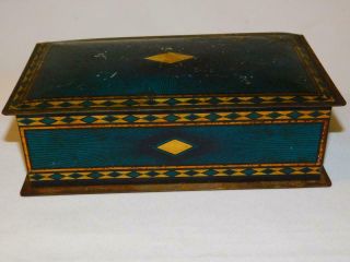 Antique Vintage CANCO Tin Metal BOX SHIRLEY CO Phila Art Deco Blue Gold Diamond 4