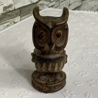 Vintage 1970s Hand Carved Wood Horned Owl Figurine 5.  5”