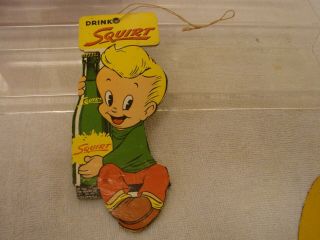 1949 Squirt 2 Sided Sign With Thirsty & Bottle 8 " X 3 " Cardboard Fan Hanging Exc