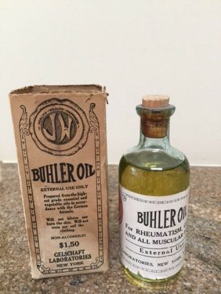 Vintage Buhler Oil Bottle,  Contents,  Box And 2 Inserts Gelschaft Lab Ny