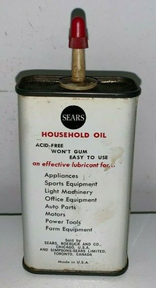 Vintage,  SEARS Household Oil,  Tin Oiler Can (5 Inches Tall) 2