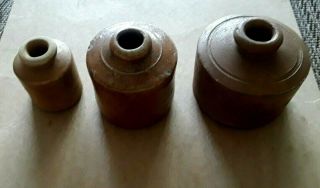 3 Antique Stoneware Ink Well Brown Bottles Measuring 2 1/4 " - 2 " - 1 3/4 " Tall