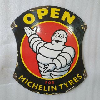 Open For Michelin Tyres 12 X 14 Inches Vintage Enamel Sign