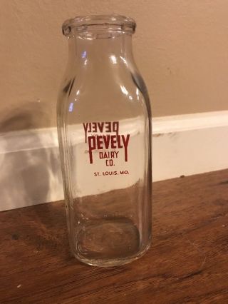 Vintage Glass Milk Bottle Pevely Dairy Co St.  Louis Mo Half Pint Red Lettering.